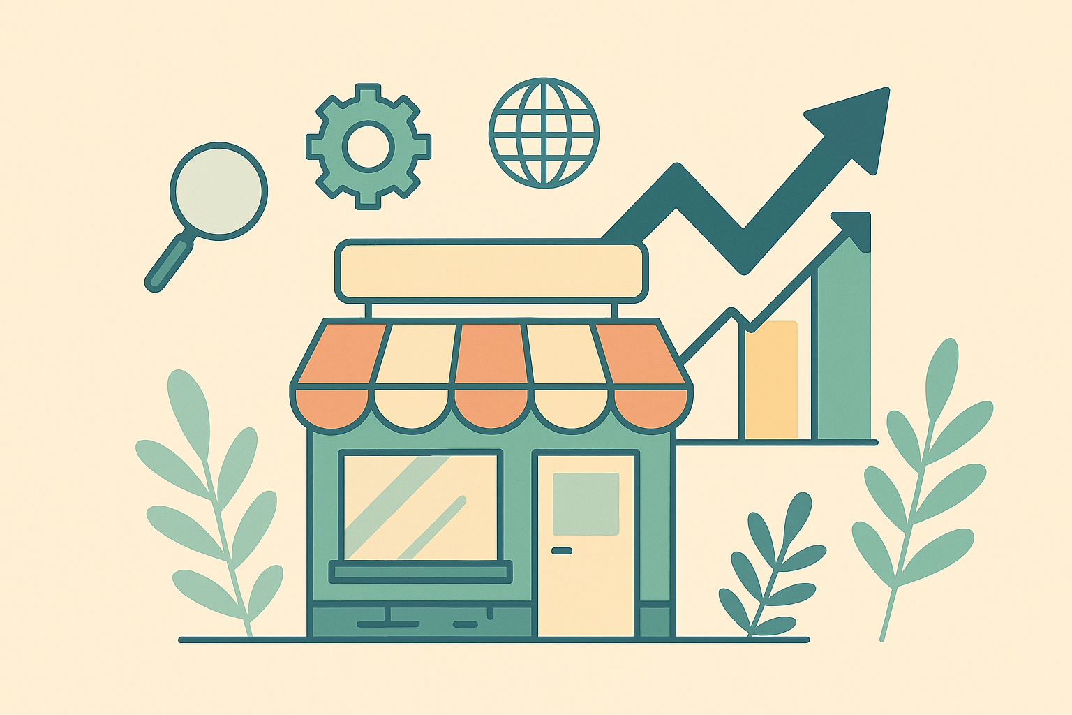 Imagem ilustrativa em estilo flat design que representa o uso estratégico de SEO por pequenas empresas para aumentar sua presença no Google. A composição visual comunica o crescimento orgânico e inteligente de negócios locais, servindo como apoio visual para conteúdos sobre marketing digital e otimização de mecanismos de busca.